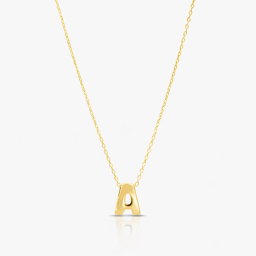 Gold necklace with a letter 'A' pendant on a light gray background
